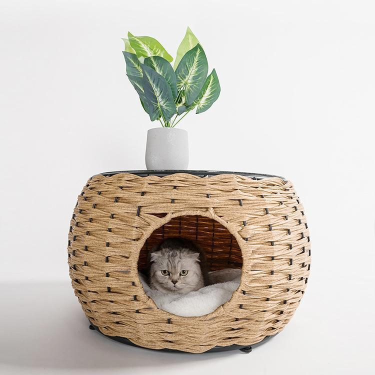 ローテーブル 猫 小型犬 ペットベッド ラタンカフェテーブルベッド 隠れ家 透明天板 キャットハウス ペットソファ かわいい おしゃれ センターテーブル 丸